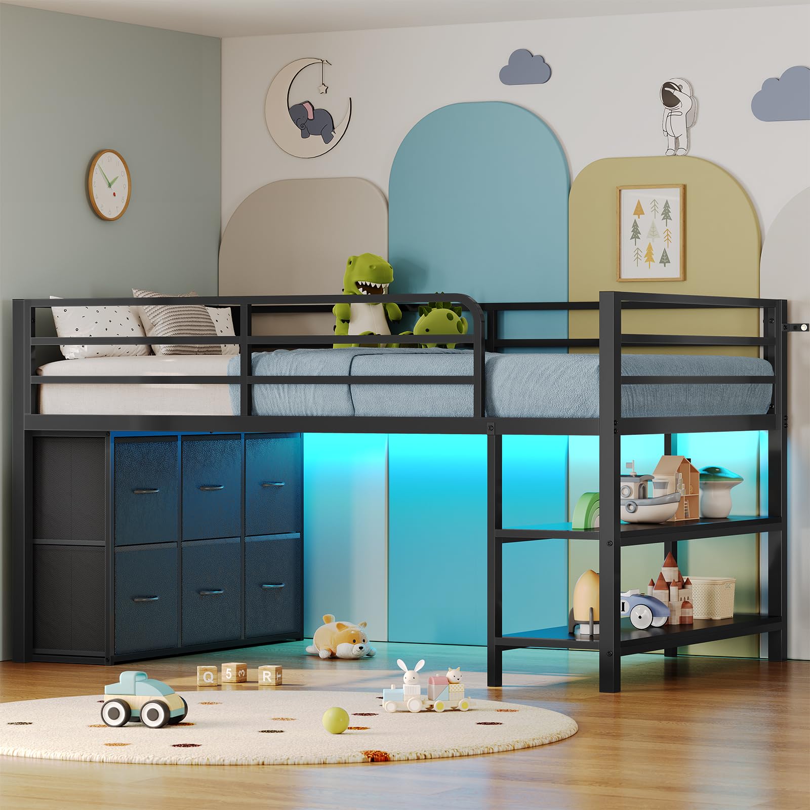 ADORNEVE Low Loft Bed Twin Size with 6 Storage Drawers, Twin Loft Bed with LED Lights, Metal Kids Loft Bed with Open Storage Shelves, Twin Bed Frame with 15" H Safety Guardrail for Kids, Black