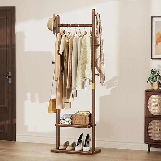 Solid Wood Coat Rack with 2 Shelves & 5 Hooks