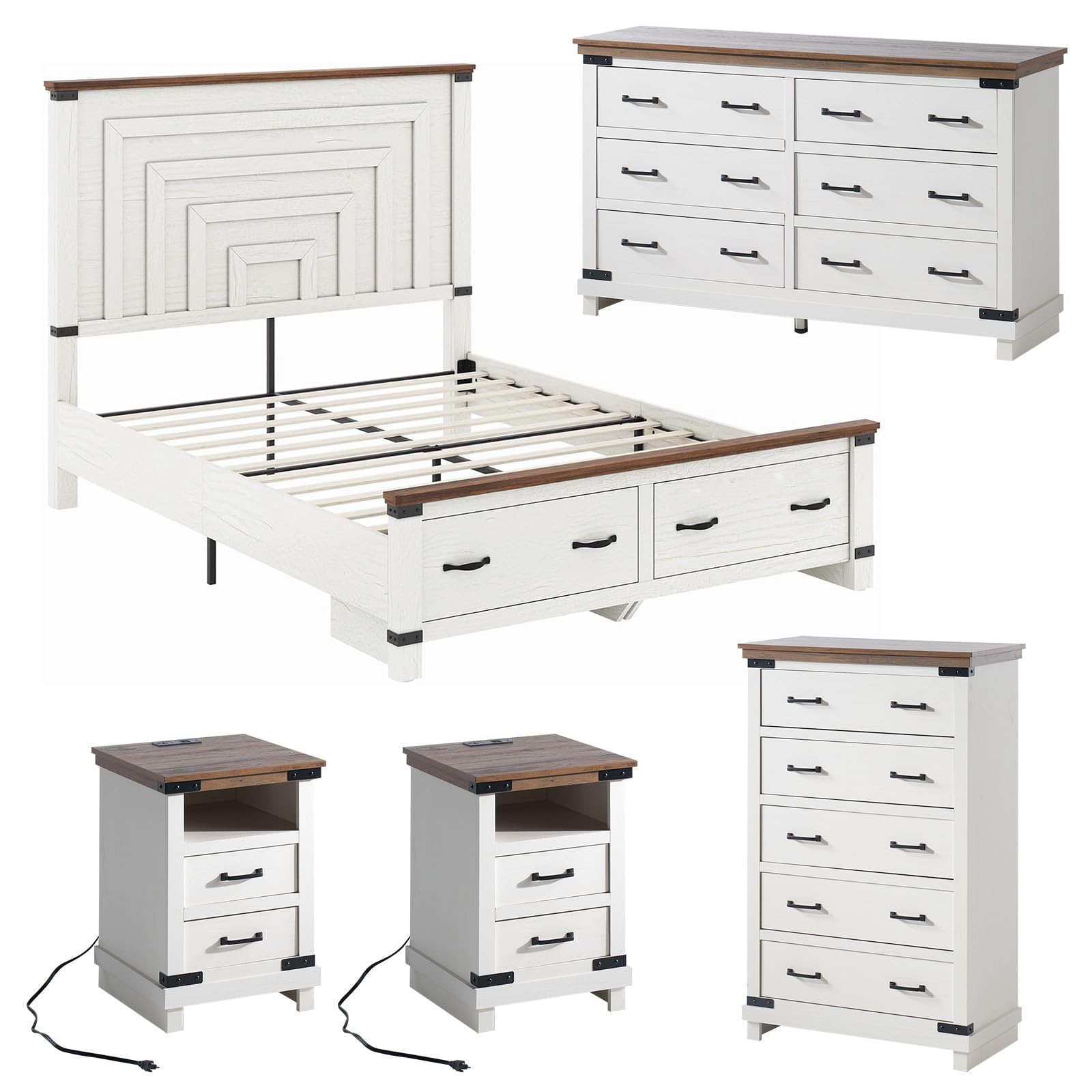 5-Piece Farmhouse Bedroom Set with Charging Nightstands
