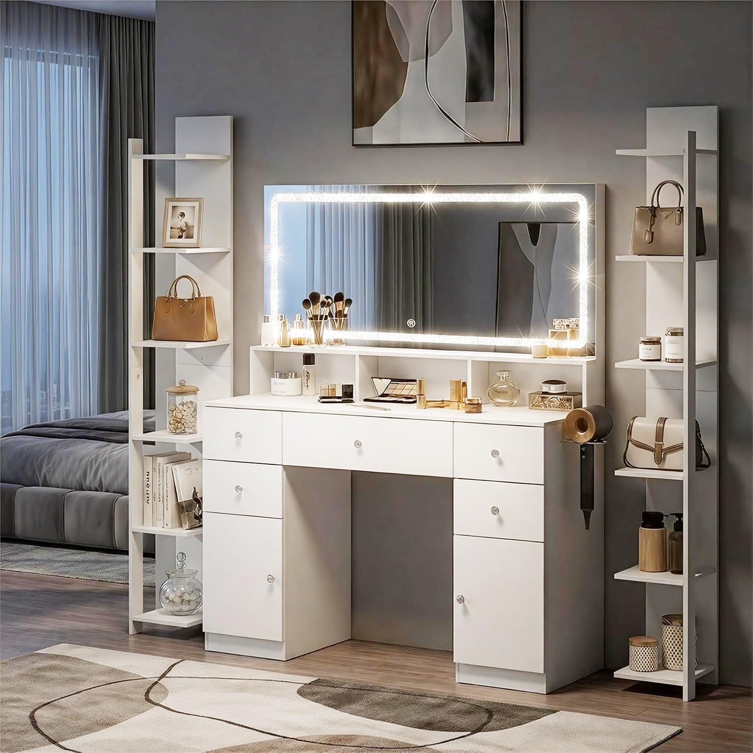 ZIMASYA Makeup Vanitys with Extra Large Mirror & Lights,45" Vanity Desk with 2 Side Shelves & Adjustable Brightness 3 Color Crystal Sparkle LED,Charging Station,26 Storage Areas for Girls Women White