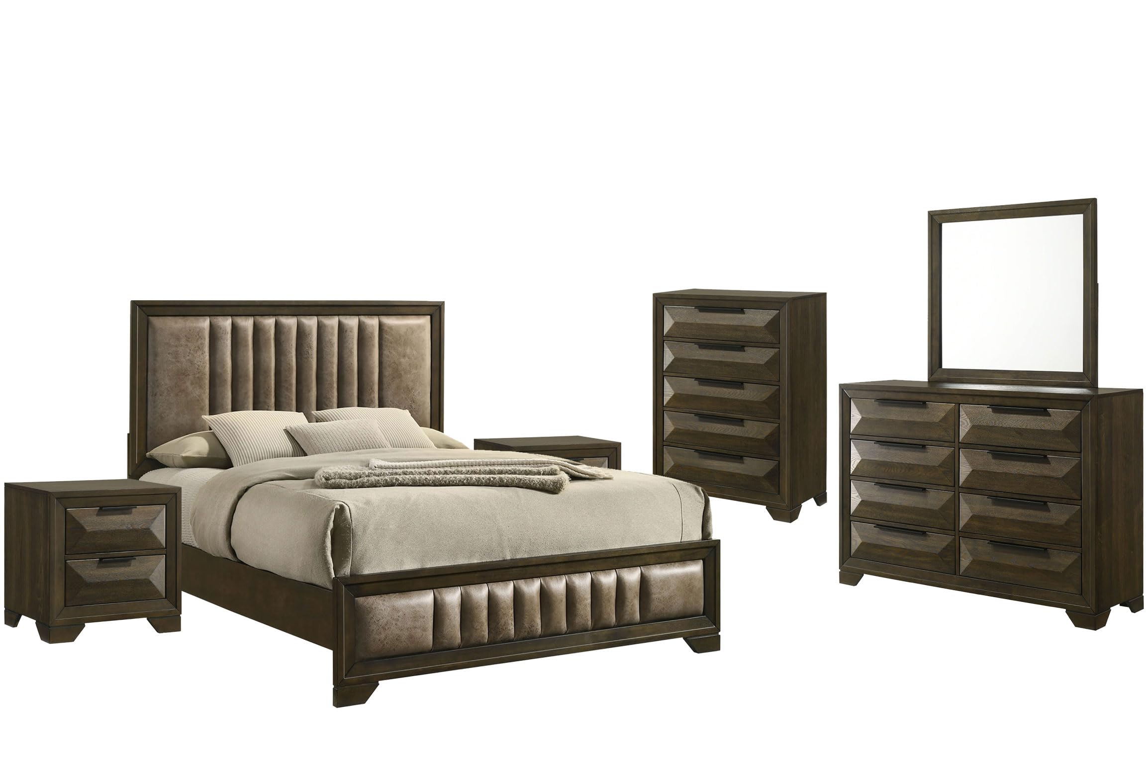 6-Piece Walnut Bedroom Set with Upholstered Bed Frame
