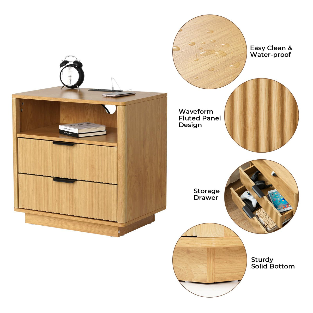 HOMMPA 24'' Fluted Nightstand Set of 2 with Charging Station, Modern Night Stand with 2 USB Ports & 2 AC Outlets, Wood Bedside Table with Open Compartment, 2 Drawer Side Table for Bedroom