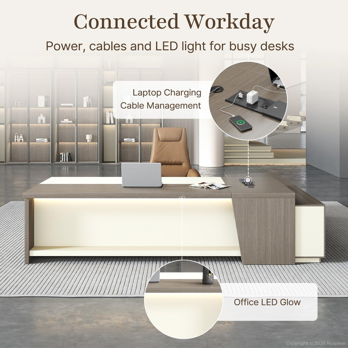 L-Shaped Executive Desk with LED and Power Outlets