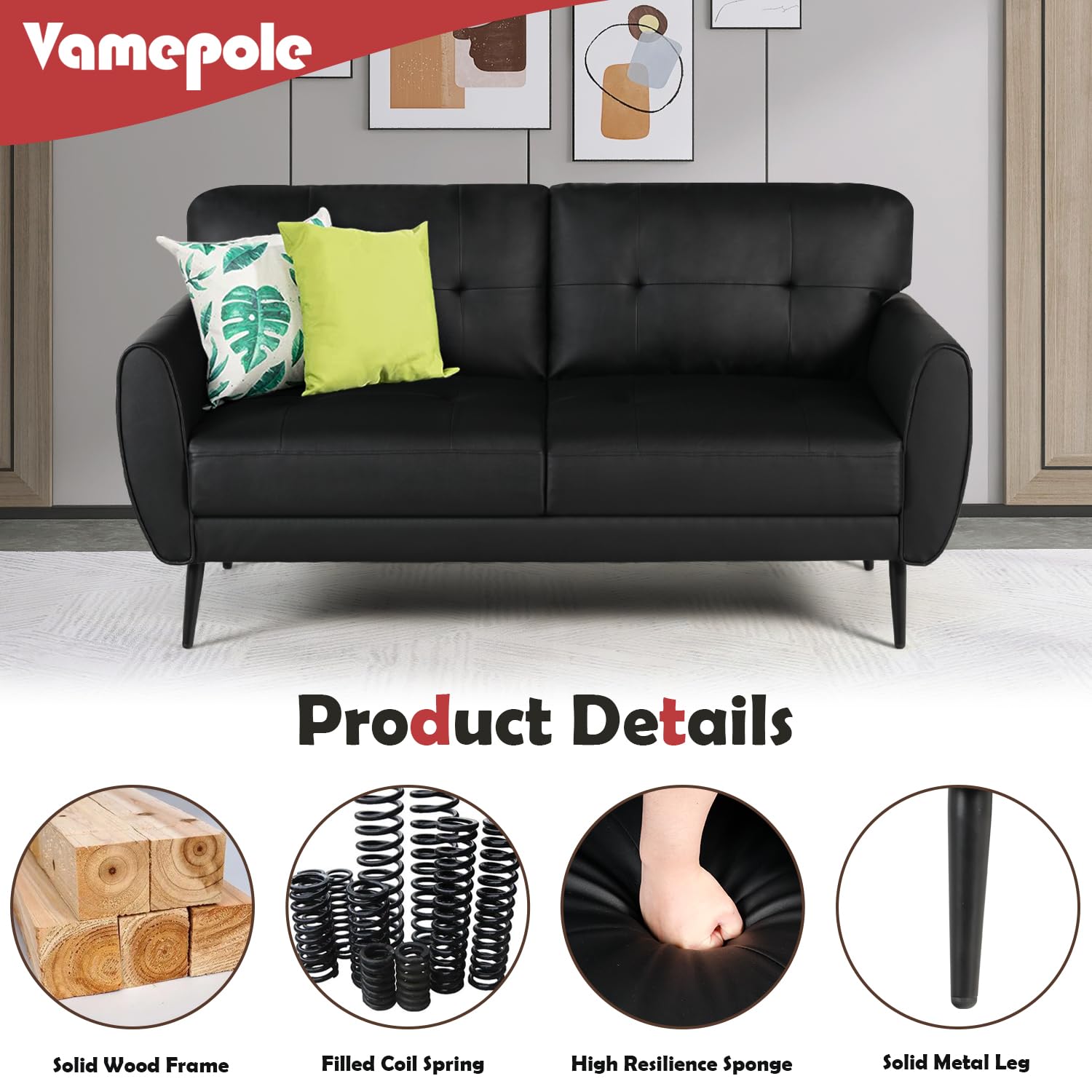 VAMEPOLE 60" Loveseat Sofa for Living Room, Mid Century Mini Black Couch, Tufted Leather Love Seat Furniture, Comfy Office 2 Seat, Small Couches for Small Spaces, Bedroom, Apartment
