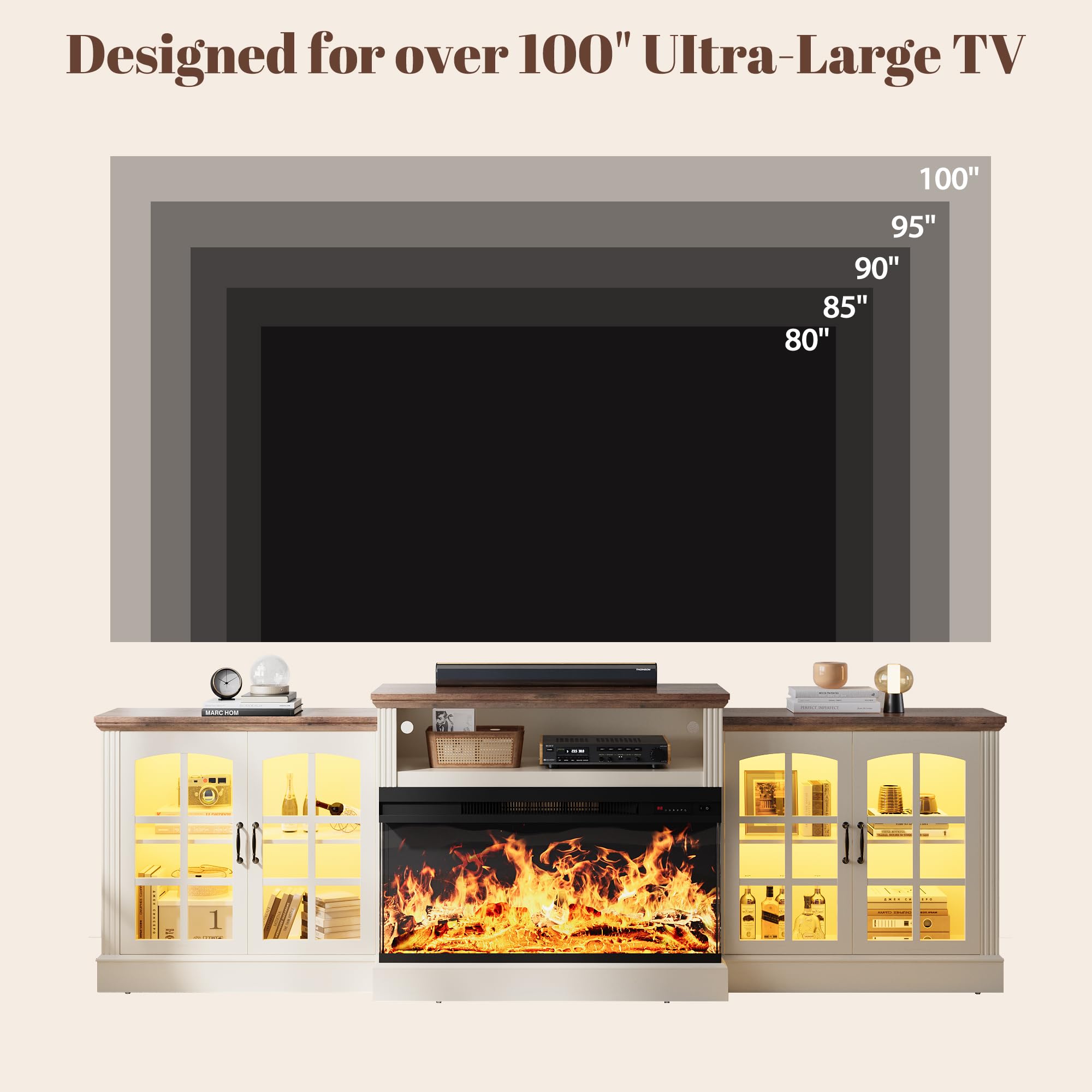 97" Farmhouse Fireplace TV Stand with 36" 3-Sided Electric Fireplace