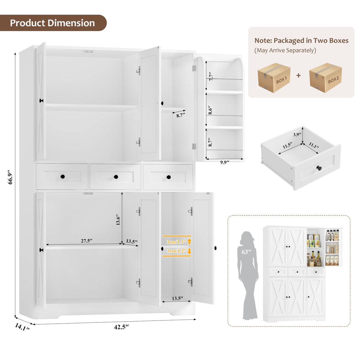HOSTACK 67"H Farmhouse Kitchen Pantry Storage Cabinet with 3 Drawers, White