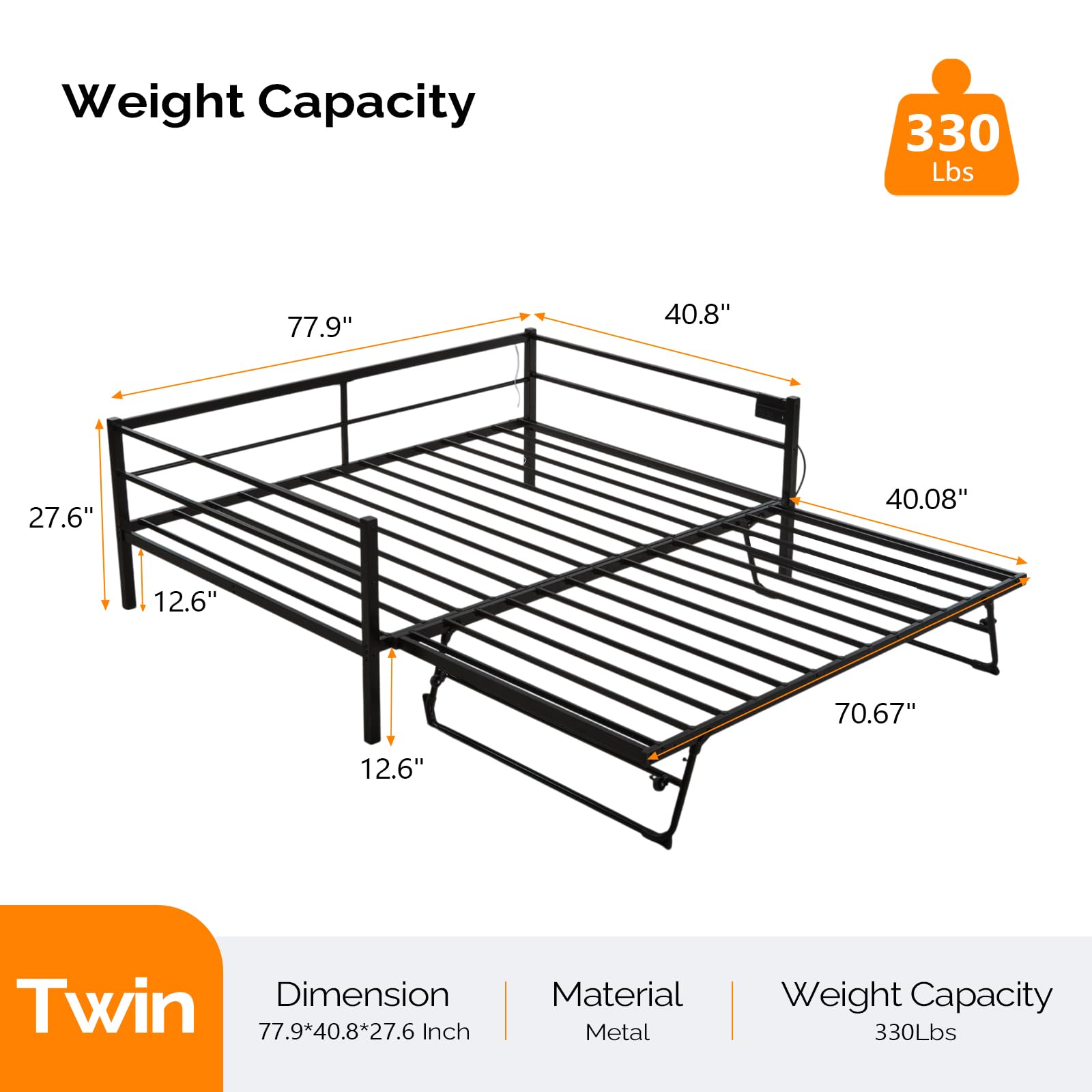 VINGLI Daybed with Trundle Bed Twin, Charging Station and LED Lights,Heavy Duty Metal Twin Daybed with Pop up Trundle for Living Room,Bedroom,Guest Room, No Box Spring Needed,Black