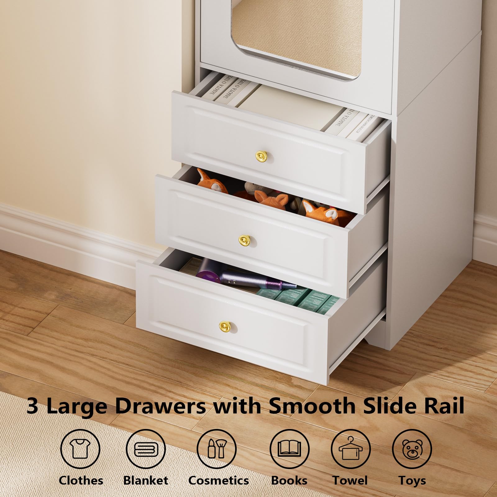 JanflyHome Armoire Wardrobe Closet, Updated White Bedroom Armoires Cabinet with Mirror Door and 3 Drawers, 15.7" W/69.5" H Clothing Storage Cabinet with Hanging Rod & Sensor Light for Bedroom-Left