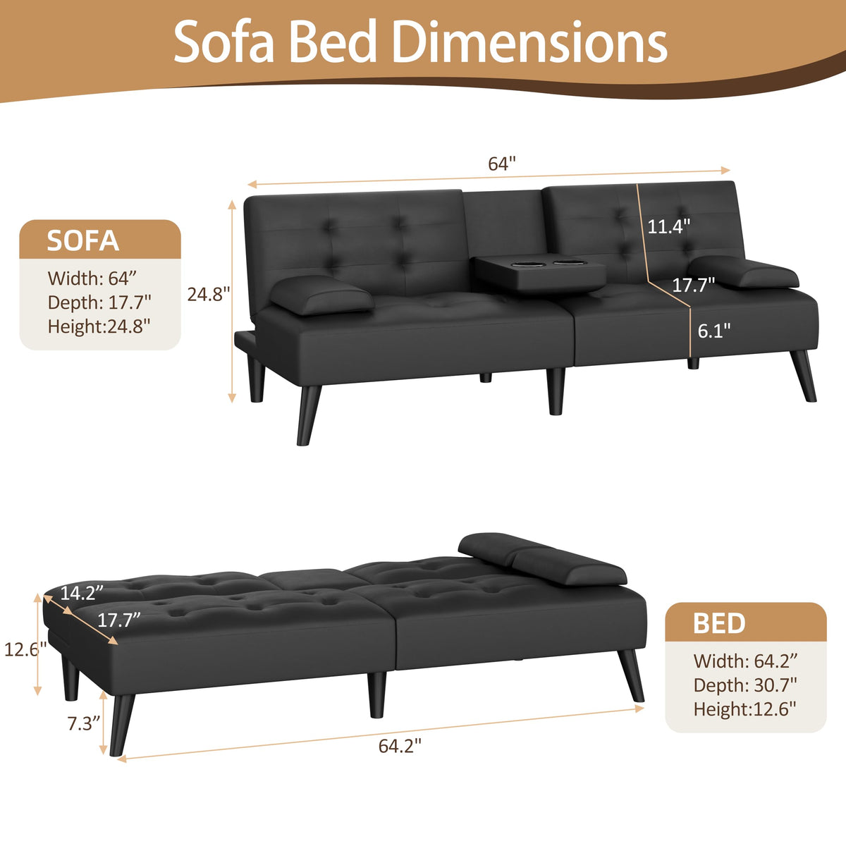 JAMFLY Futon Sofa Bed, 64" Small Futon Couch with Adjustable Backrest, 3-Angle Recliner, Detachable Armrests with Cup Holders for Small Spaces (Black Leather)