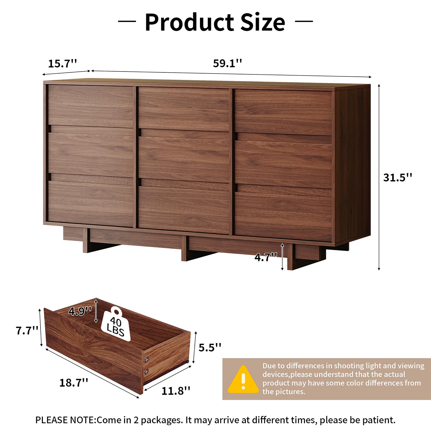 SINROM Walnut Dresser for Bedroom, 59" Wide 9 Drawer Dresser, Mid Century Modern Dressers Chest of Drawers, Wooden Large Dressers for Bedroom, Closet