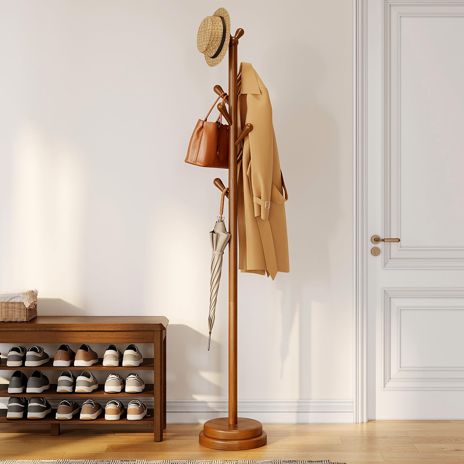 Freestanding Coat Rack with 8 Hooks, Adjustable Height