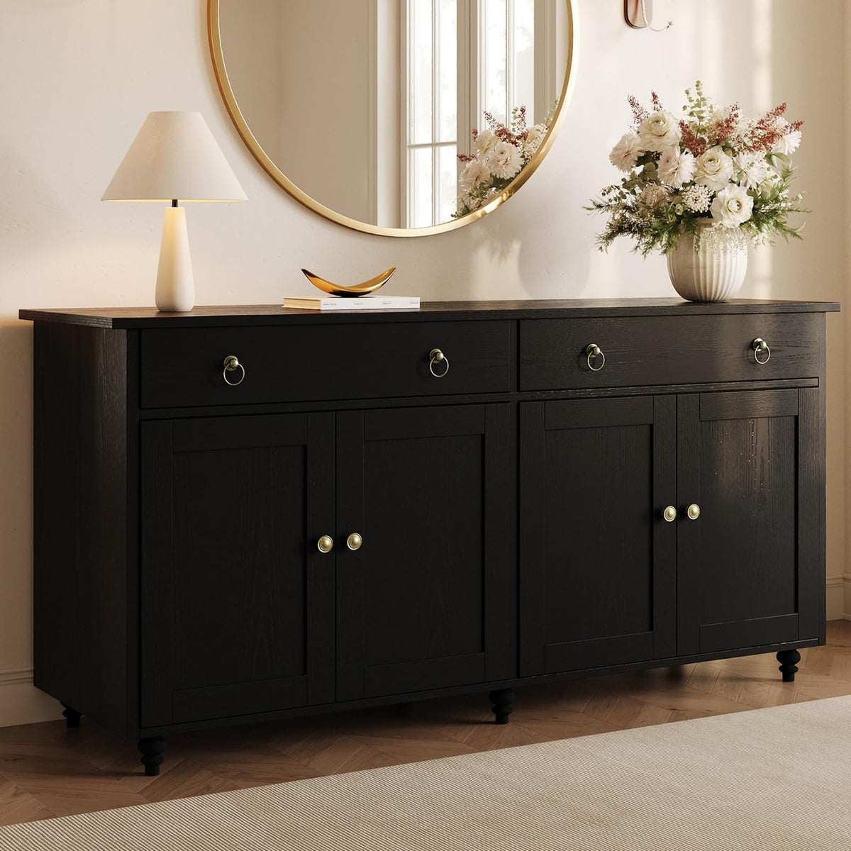 4 EVER WINNER 55" W Black Buffet Cabinet, Coffee Bar Cabinet with 2 Drawers