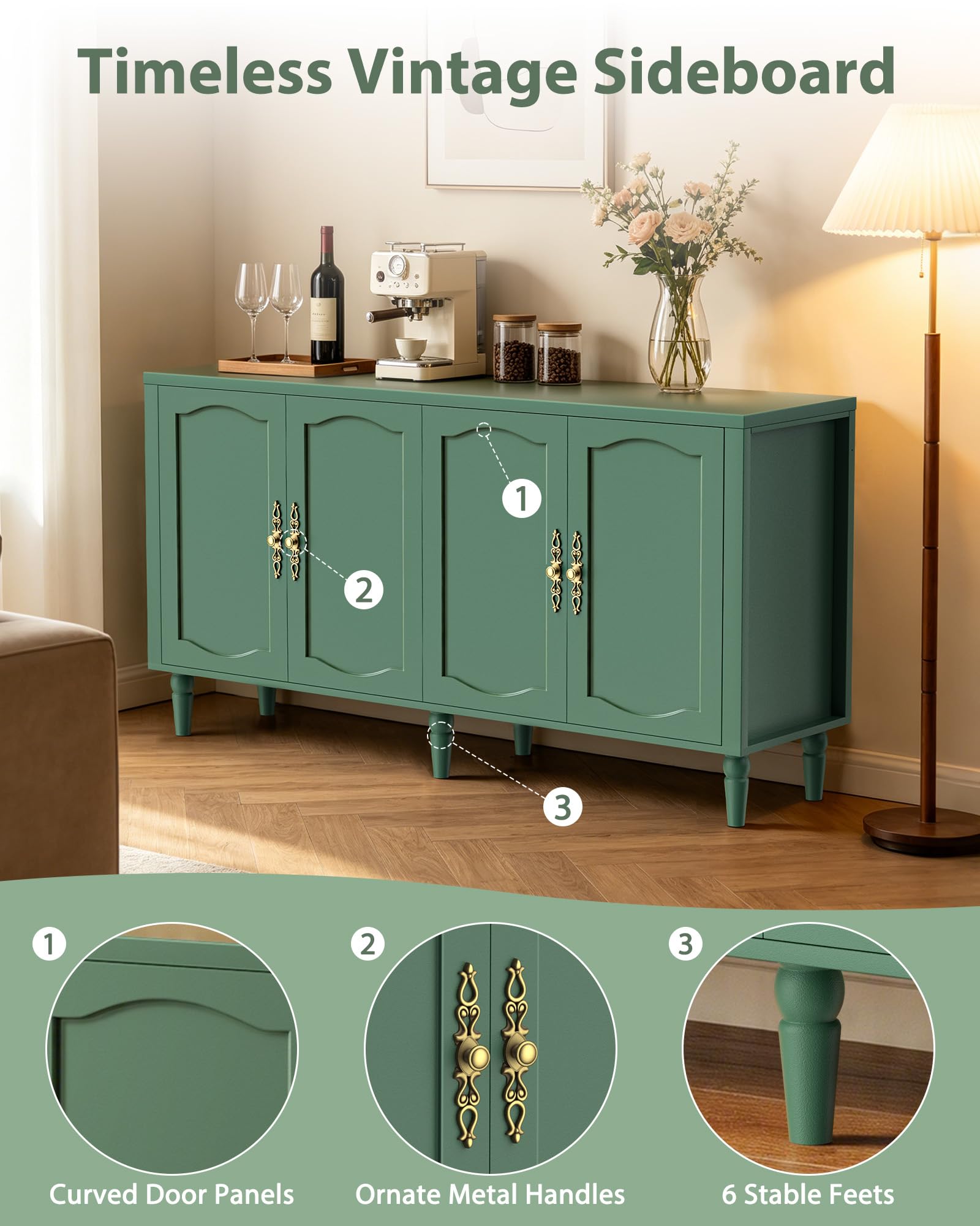 63" Wood Sideboard Buffet Cabinet with Adjustable Shelves