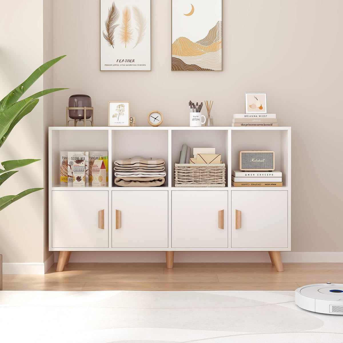 OSCHF 8-Cube Bookcase with Doors, 2-Tier Low Storage Cabient, Warm White