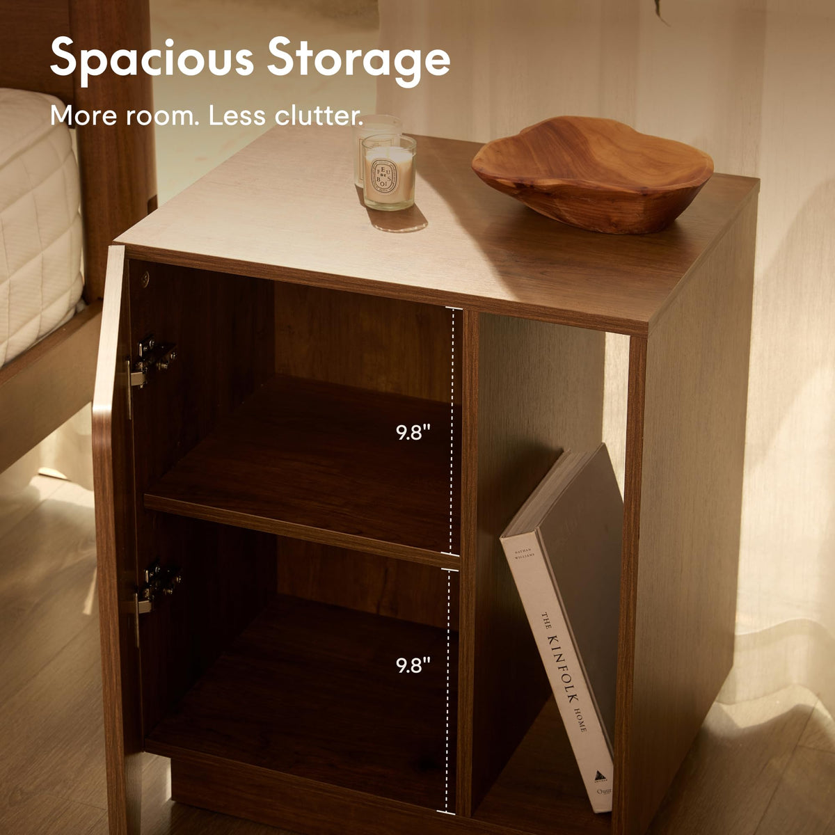 FLEXISPOT Walnut Finish Nightstand with Charging Station, Minimalist Style