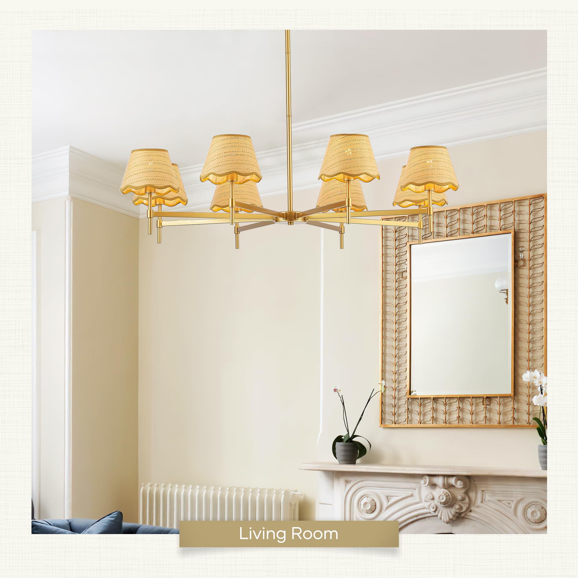 Aol furin 8-Light Boho Rattan Chandelier with Woven Shades, 43” Brass Gold Light Fixture for Dining Room,Adjustable Rustic Pendant Light for Kitchen Island Living Room Entryway,E12.