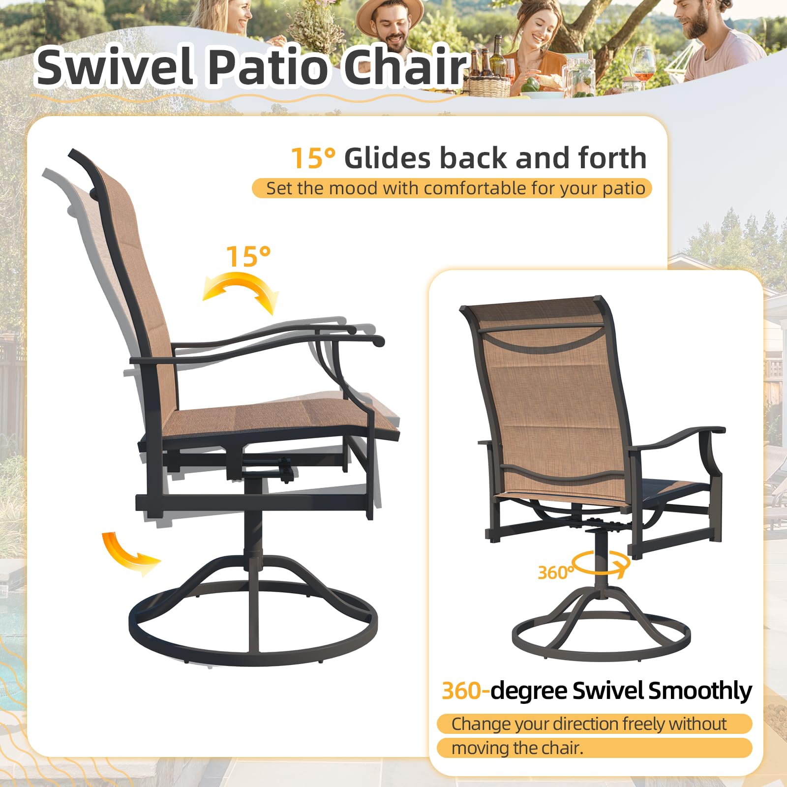 BUPPLEE Outdoor Patio Dining Set with 6 Swivel Chairs, Metal Table with Umbrella Hole, 7-Piece Patio Table and Chairs for Backyard, Poolside, Balcony and Garden (Brown)
