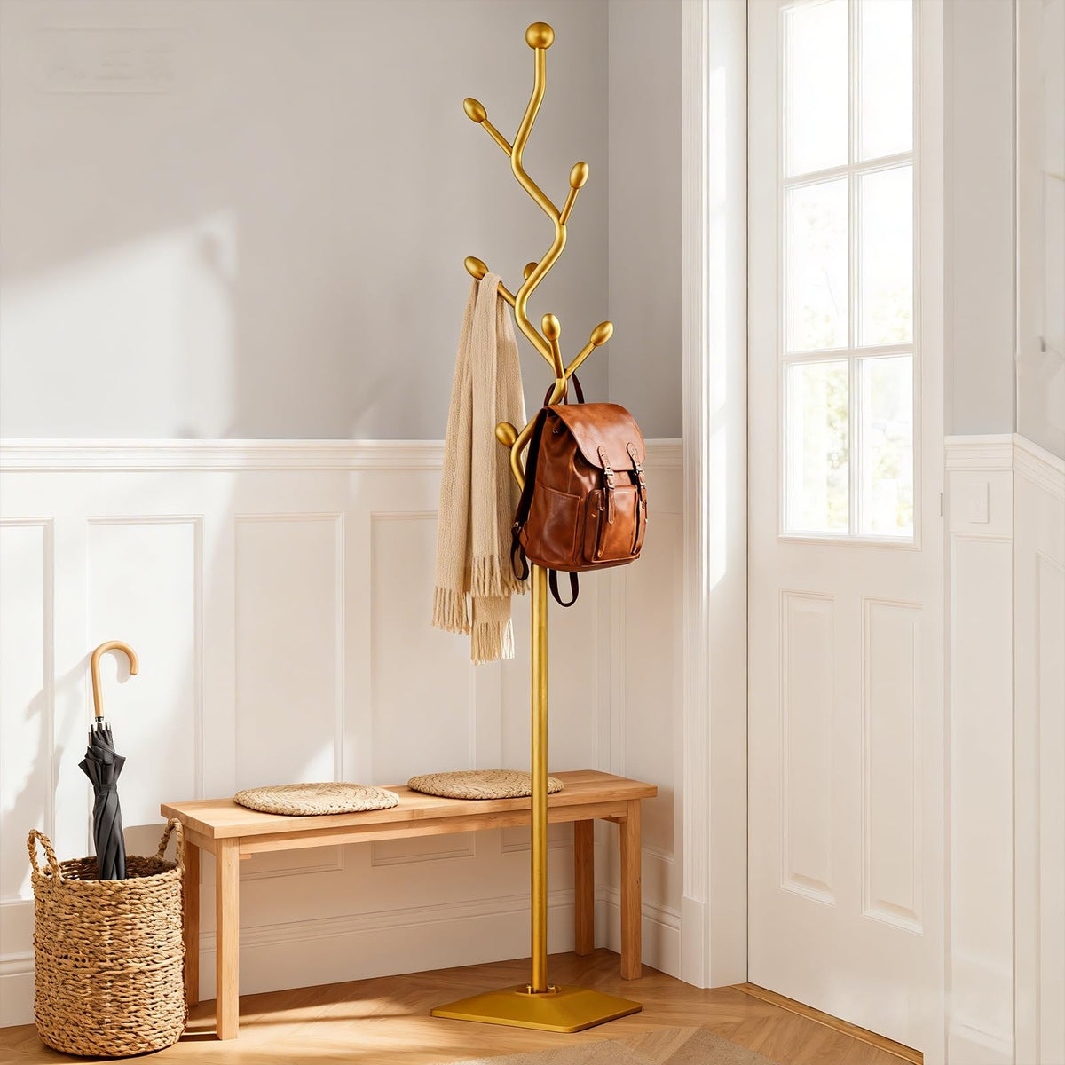 BUZUEY Gold Coat Rack Freestanding Metal Tree Coat Stand with Hooks,Modern Decorative Standing Hat Rack for Entryway Bedroom Living Room