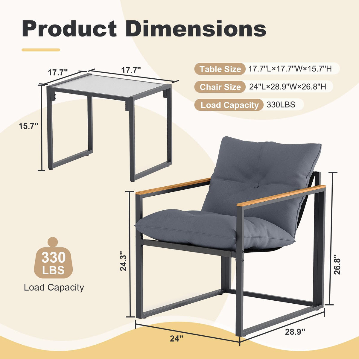 DIMOFAP Outdoor Patio Chairs Set of 2, Balcony Furniture for Apartment with Chairs & Table, Included Thick Comfy Cushions, Perfect for Porch, Balcony, Deck