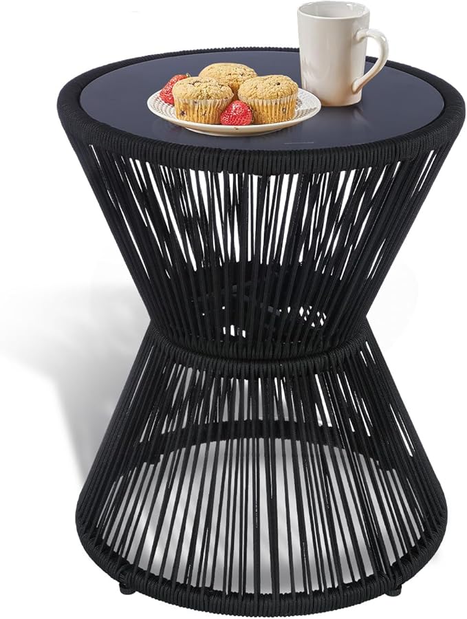 Woven Rope Round Side Table with Glass Top