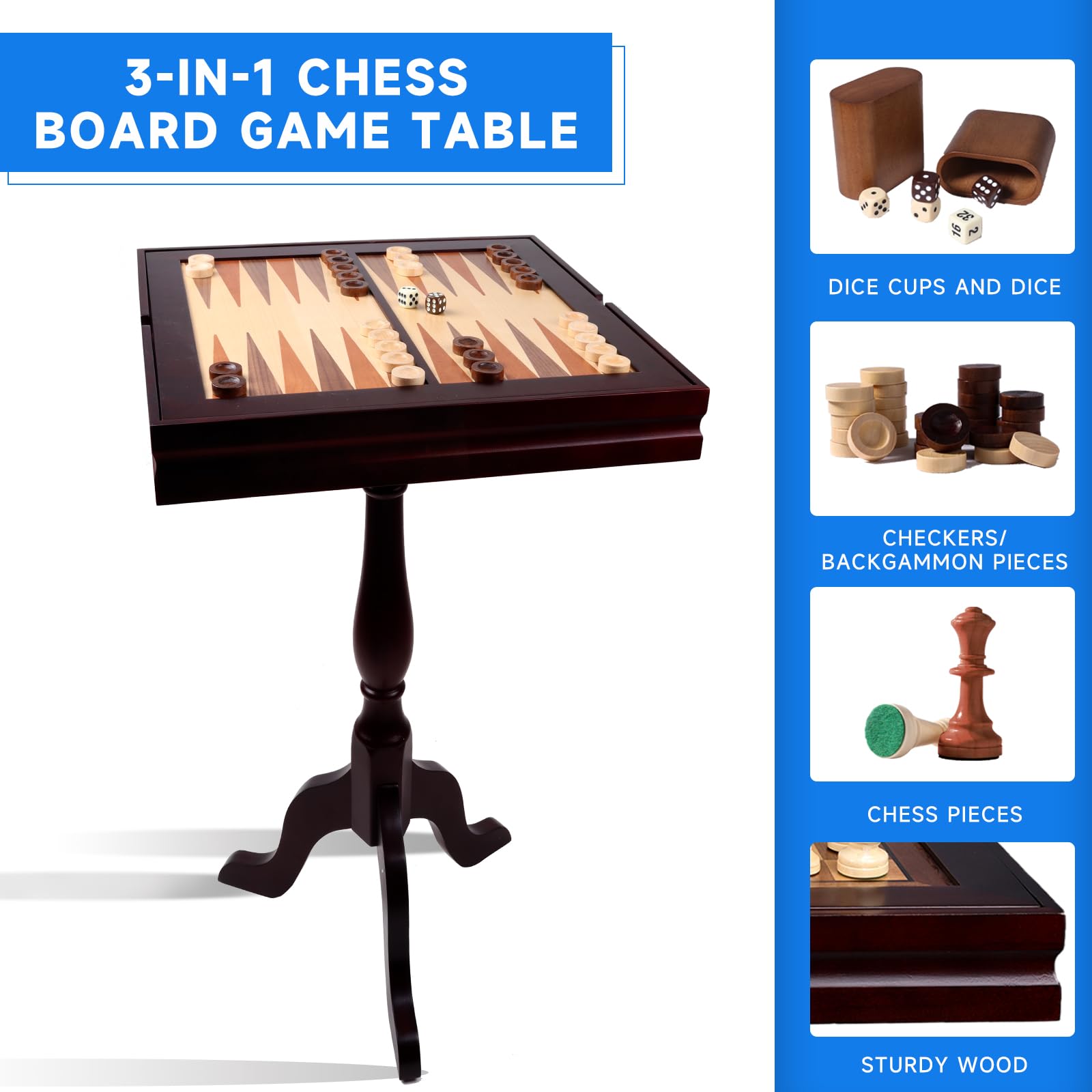 3-in-1 Chess Checkers Backgammon Game Table