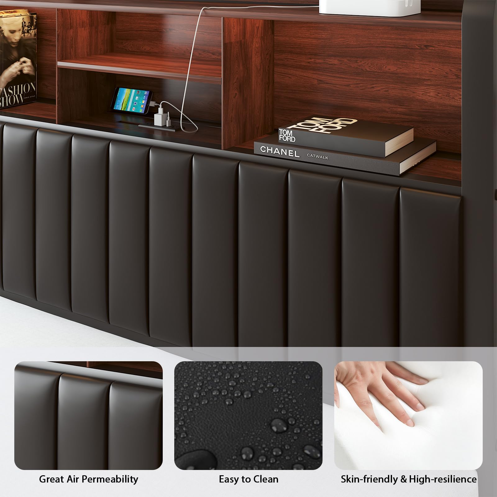 LoVinson Full Bed Frame with 3-Tier Storage Headboard & LED Lights, Upholstered PU Leather Platform Bed with Charging Station, Metal Slats, No Box Spring Needed, Black