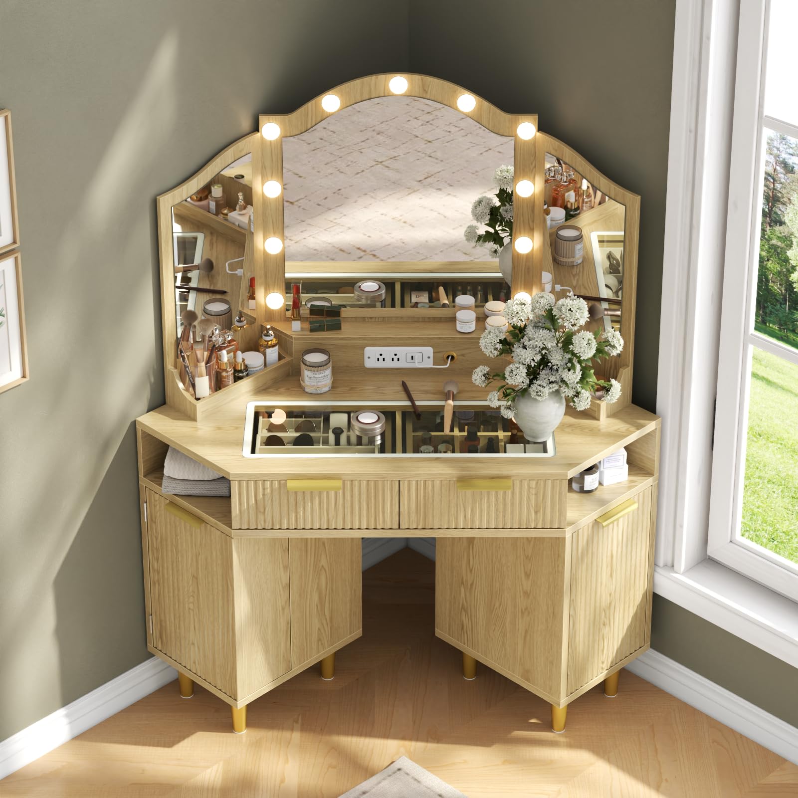 Corner Vanity Desk with LED Mirror & Storage