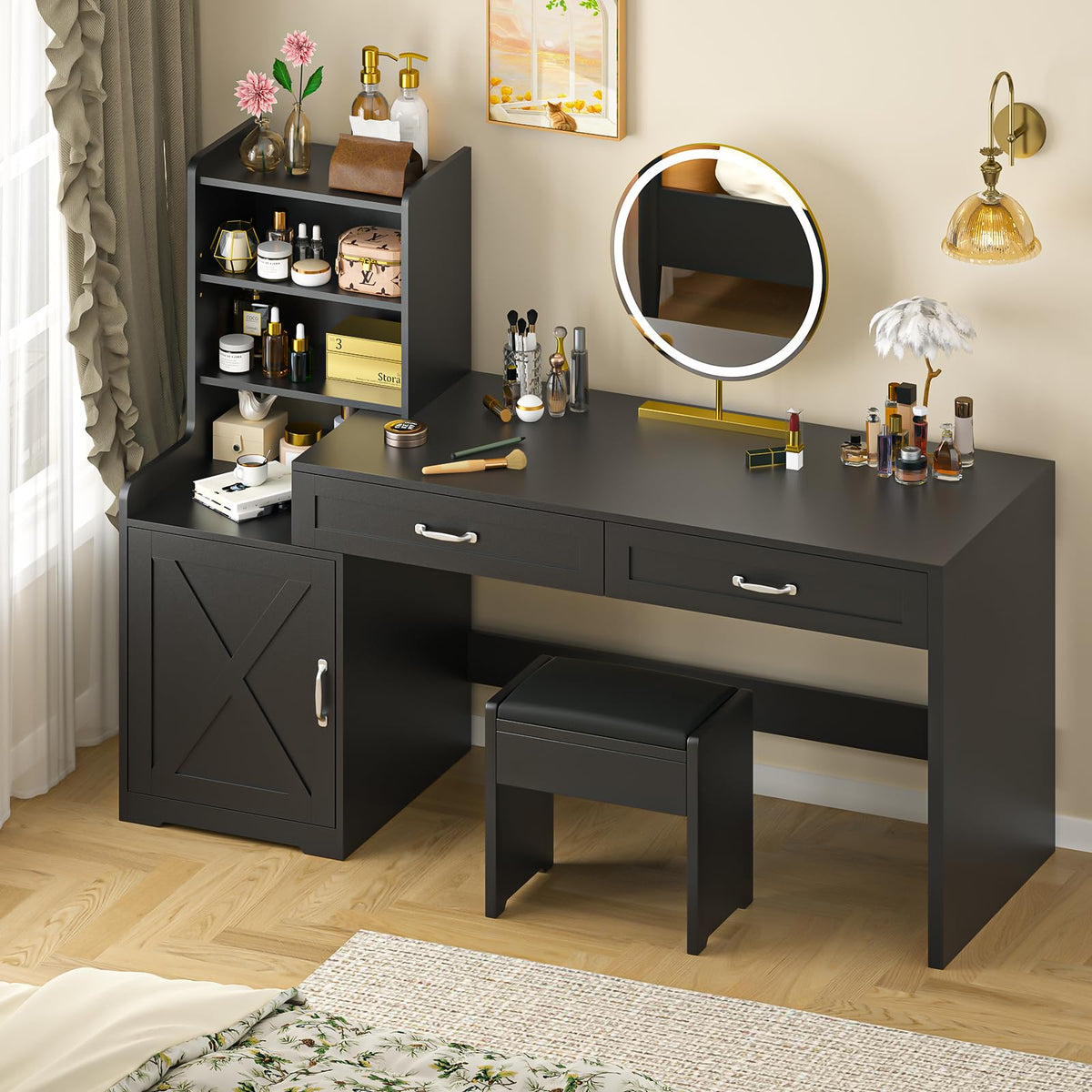 60" Computer Desk with Drawers & Bookshelves for Bedroom, Home Office