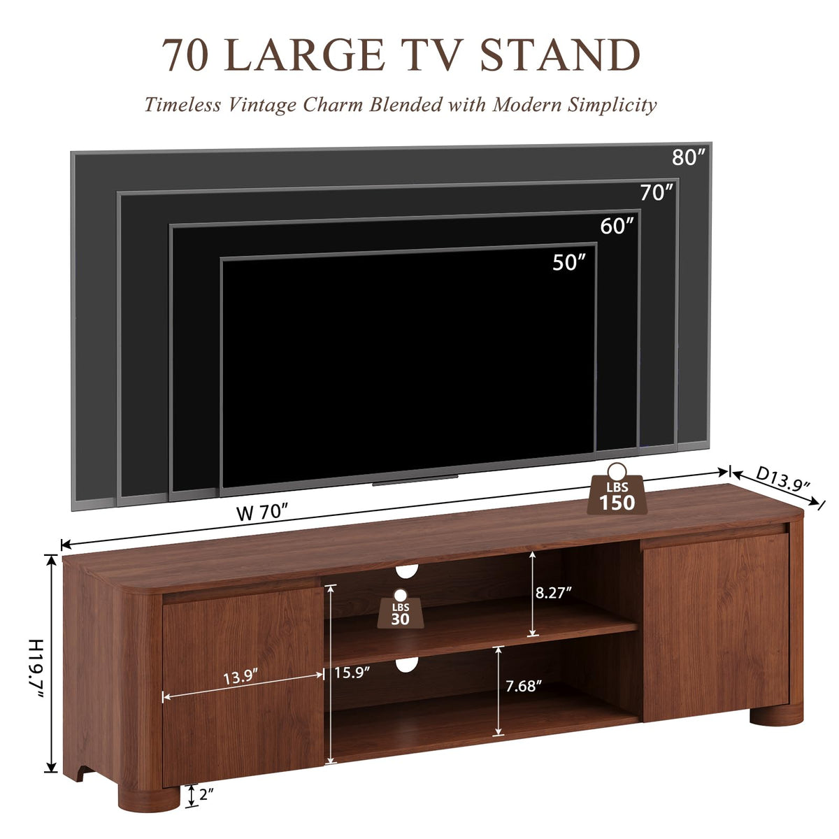 YANSNWO 70" TV Stand for TVs Up to 80" with Rounded Corners, Walnut