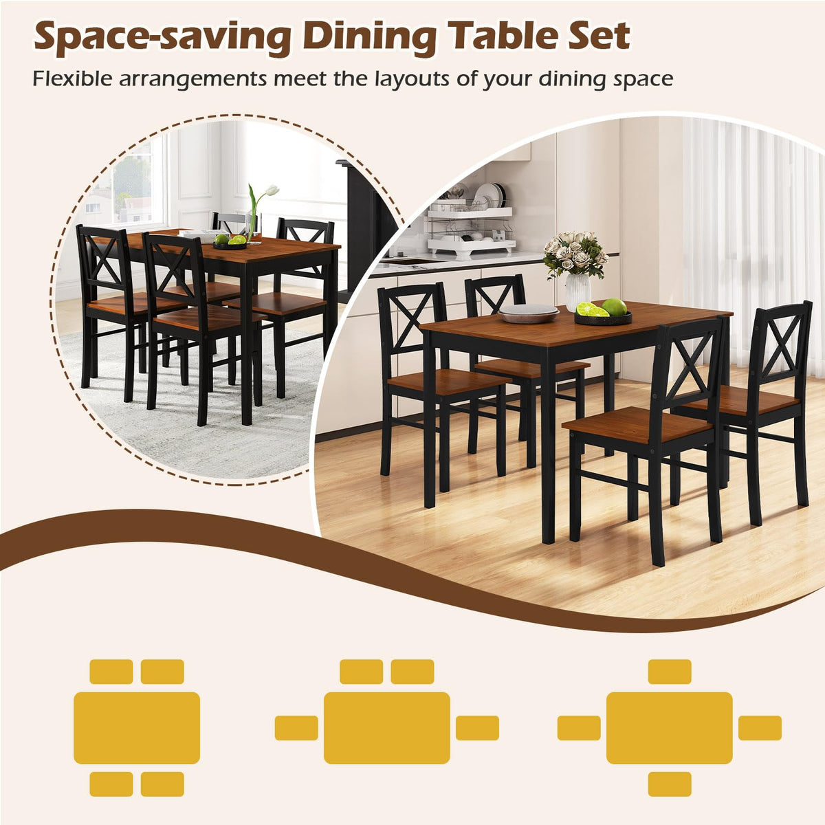 GOFLAME 5-Piece Dining Table Set for 4, Rectangular Kitchen Table & 4 Chairs with Rubber Wood Legs, X-Shaped Backrest, Space-Saving Farmhouse Dinette Set for Dining Room, Breakfast Nook