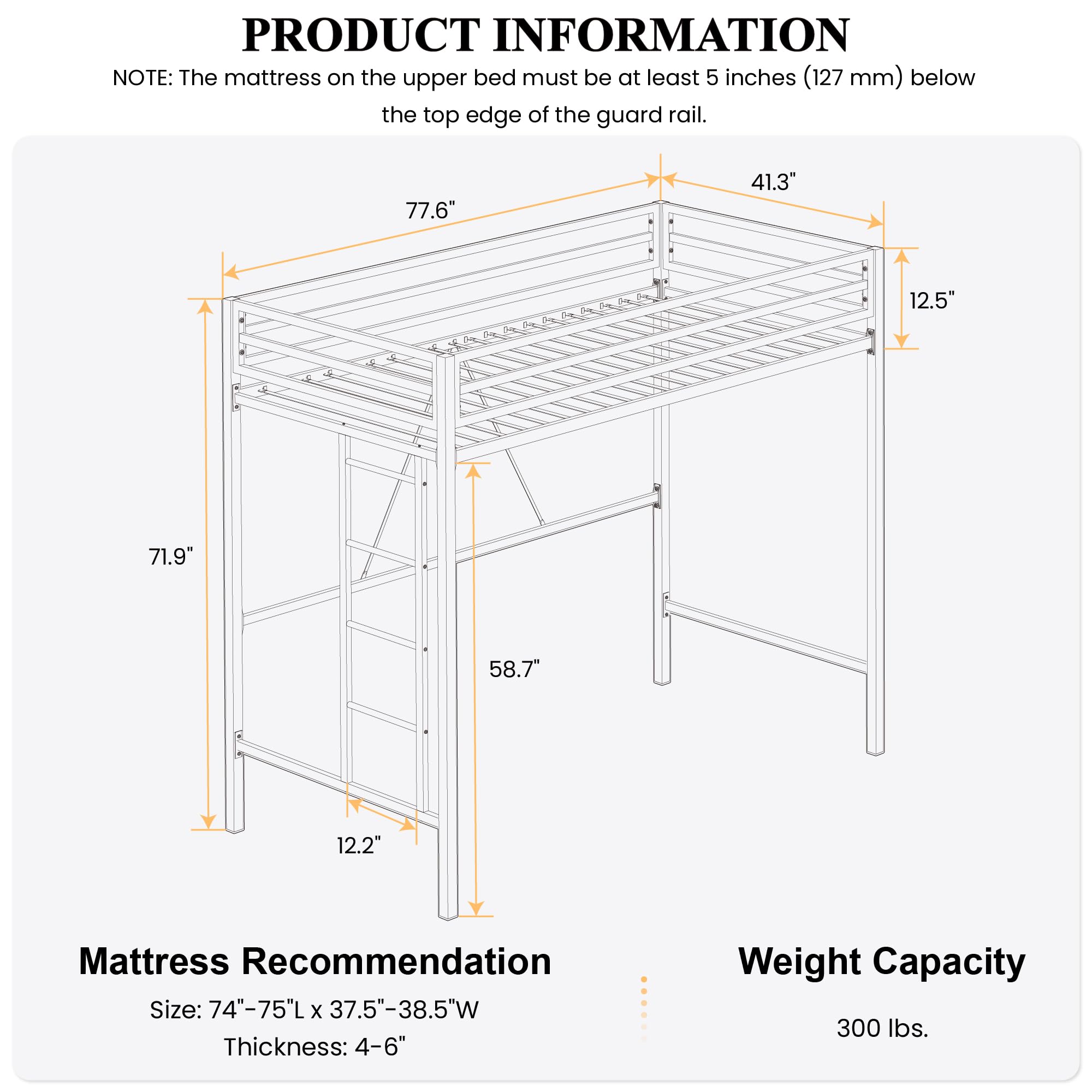 Twin Size Metal Loft Bed with Removable Ladder, Guardrail & Metal Slats
