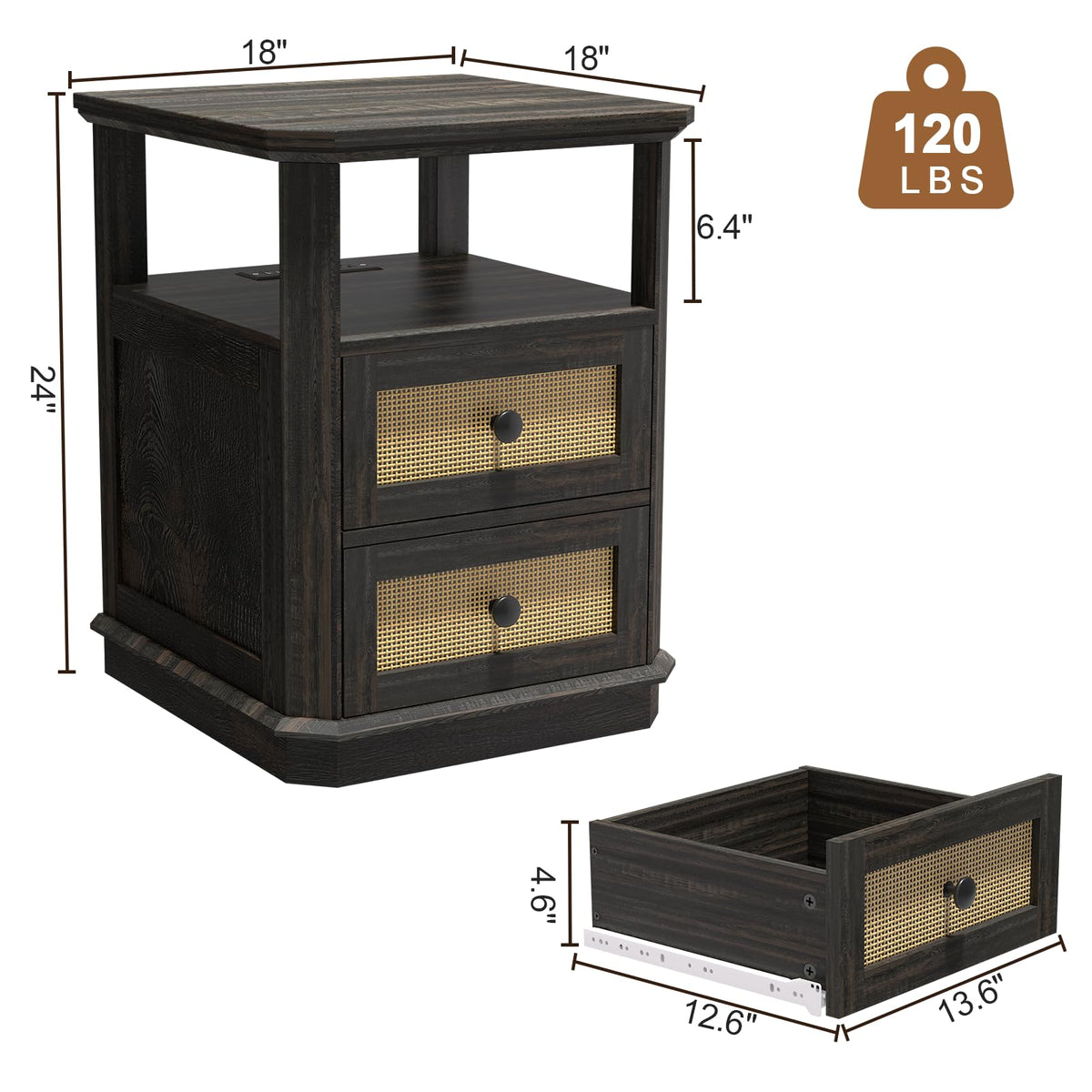 REDAYFUR End Table with Charging Station, 18" Small Modern Farmhouse Nightstand with Rattan Drawers, Tall Bedside Table & 2-Drawer Dresser for Bedroom, Living Room, Hallway, Black