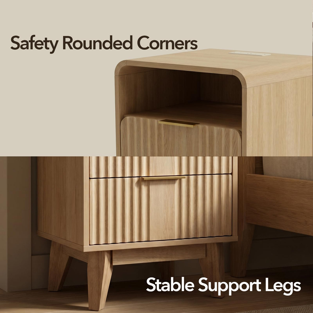 Fluted Nightstand with Charging Station