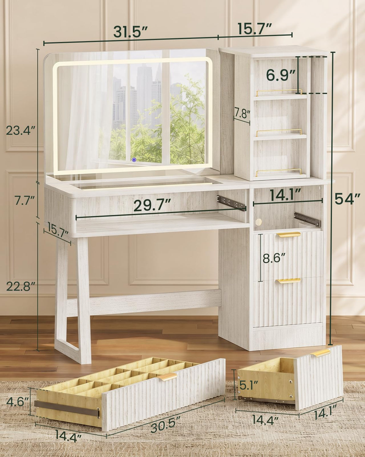 47" Makeup Vanity Desk with LED light and mirror, Retro white vanity table