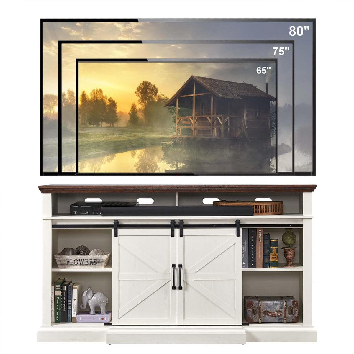 IFGET Farmhouse 80/75 inch TV Stand, 37.4" Tall Entertainment Center, White