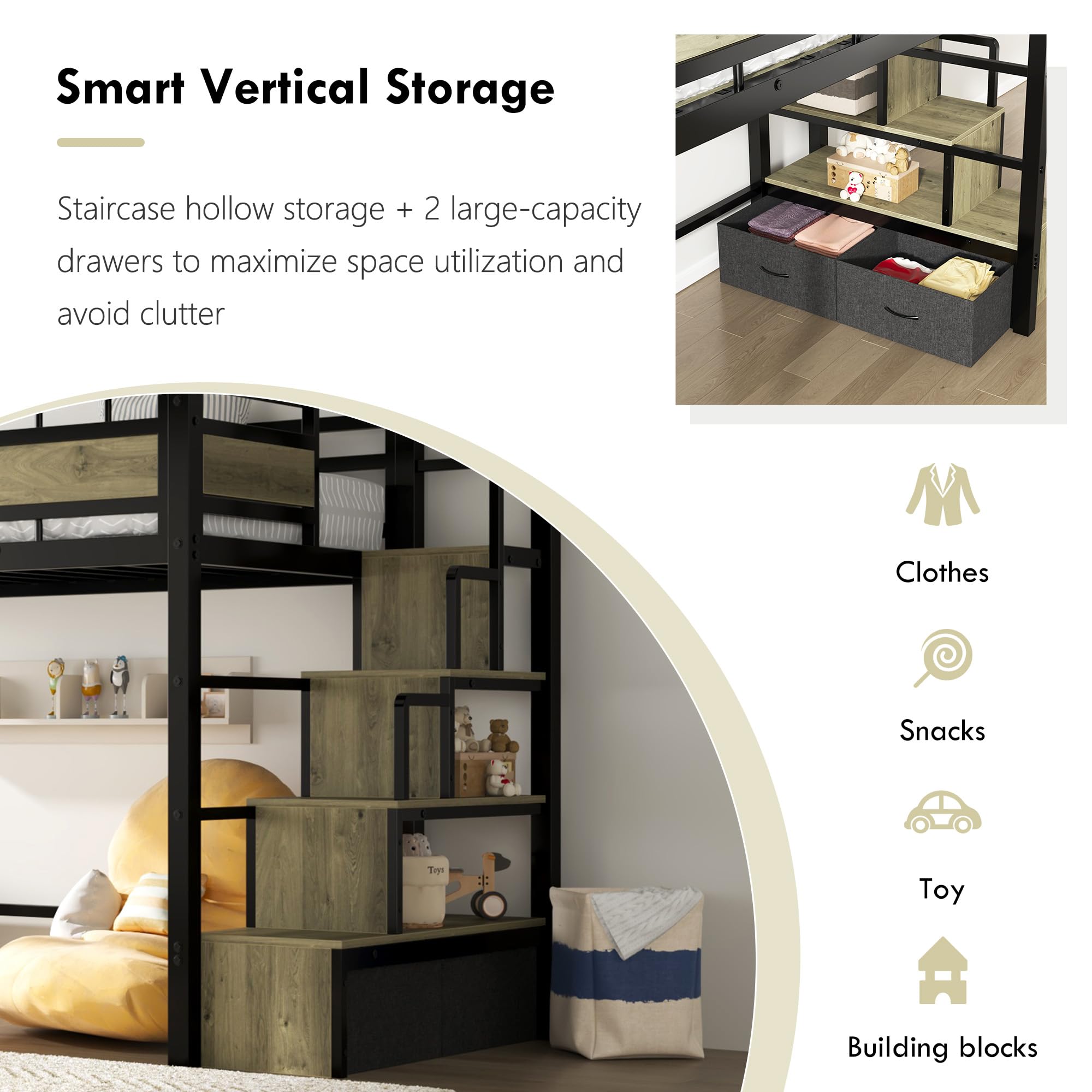 Twin Metal Loft Bed with Stairs & Storage Drawers