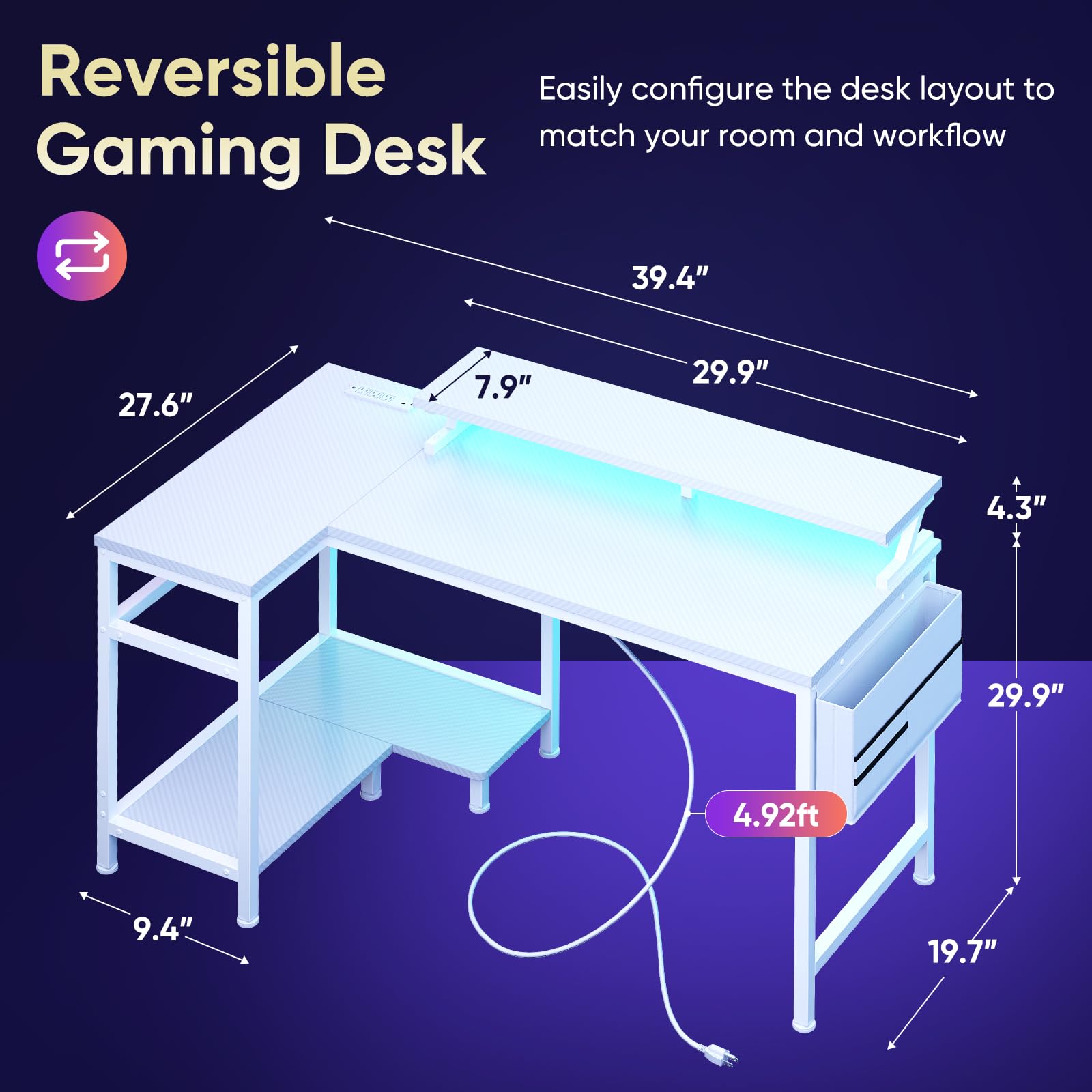 L-Shaped Gaming Desk with LED Lights & USB Charging