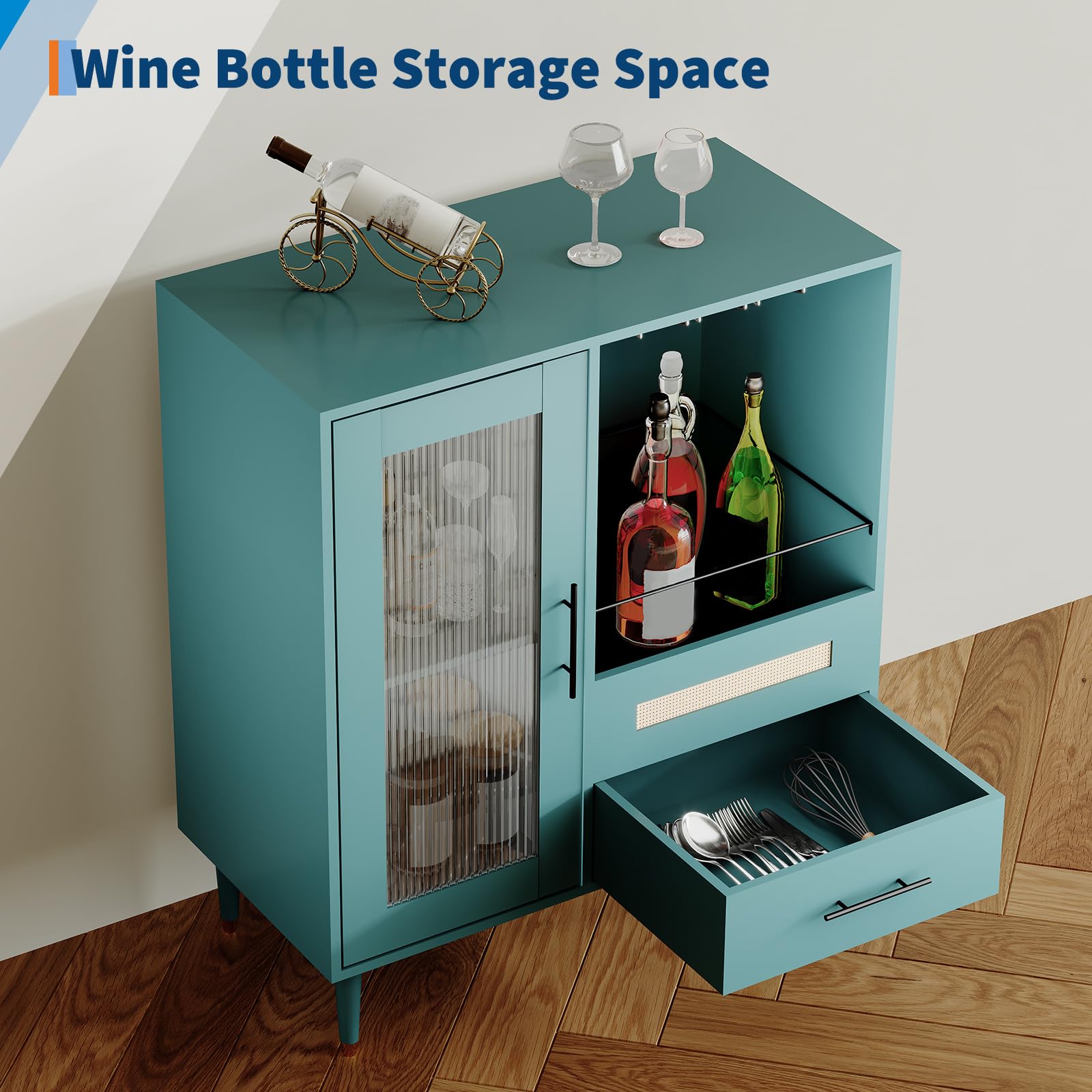 Freestanding Wine Bar Cabinet & Coffee Bar with Wine Rack, Modern Liquor Cabinet with Storage Sideboard Buffet with Tempered Glass Door & Drawers & Glass Holder for Home Dining Room, Living Room