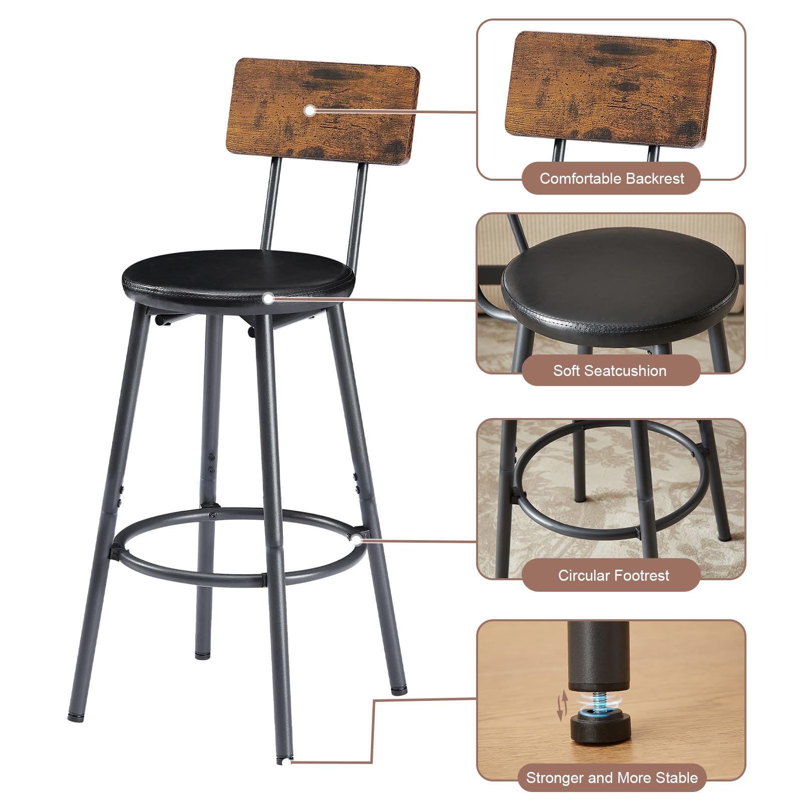 Cudalw Bar Table and Chairs Set for 3, 63" L Rectangle Sofa Table with 3 PU Upholstered Stools, 4 Piece Industrial Counter Height Dining Table Set for Living Room Kitchen Restaurant, Brown