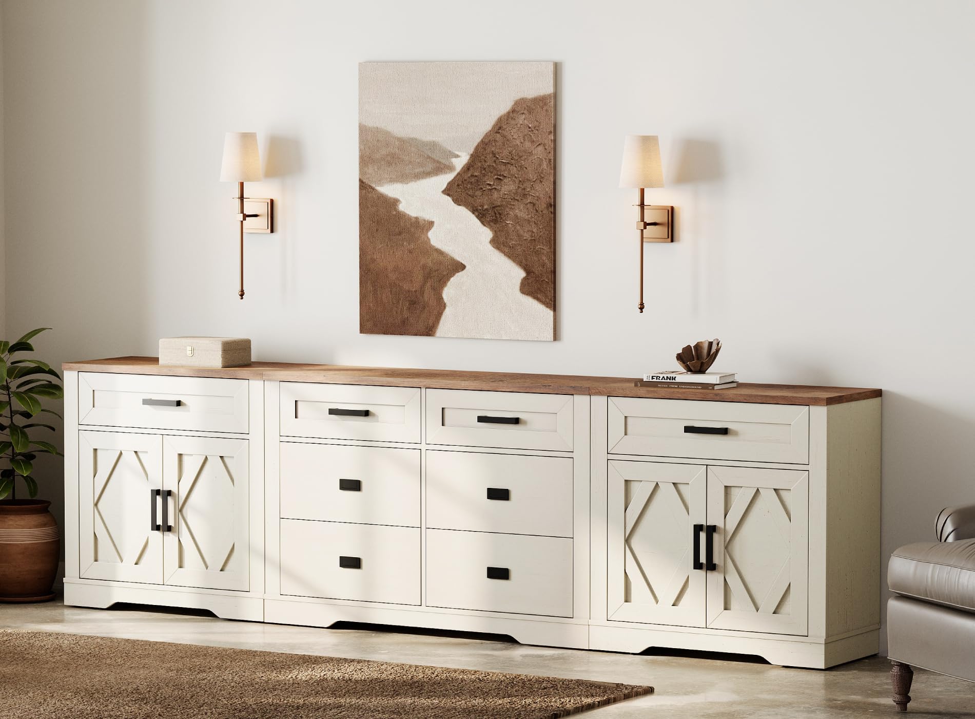 WAMPAT 110" W Large TV Stand,3-in-1 Farmhouse Entertainment Center with Storage Barn Door Cabinet,TV Console Table with Media Cabinet and Drawers for Living Room,Bedroom,Cream White