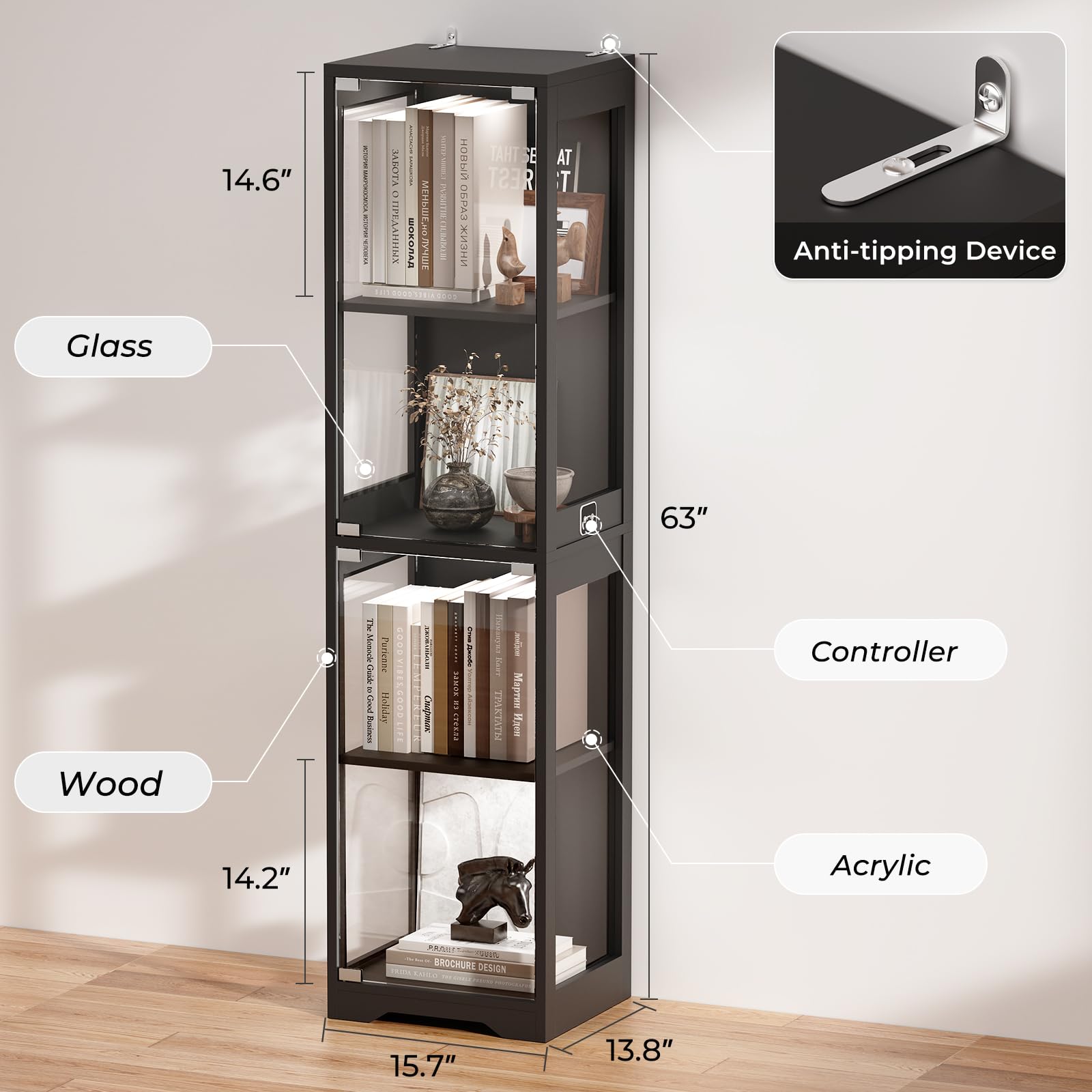 Glass Display Cabinet with LED Lights & Motion Sensor