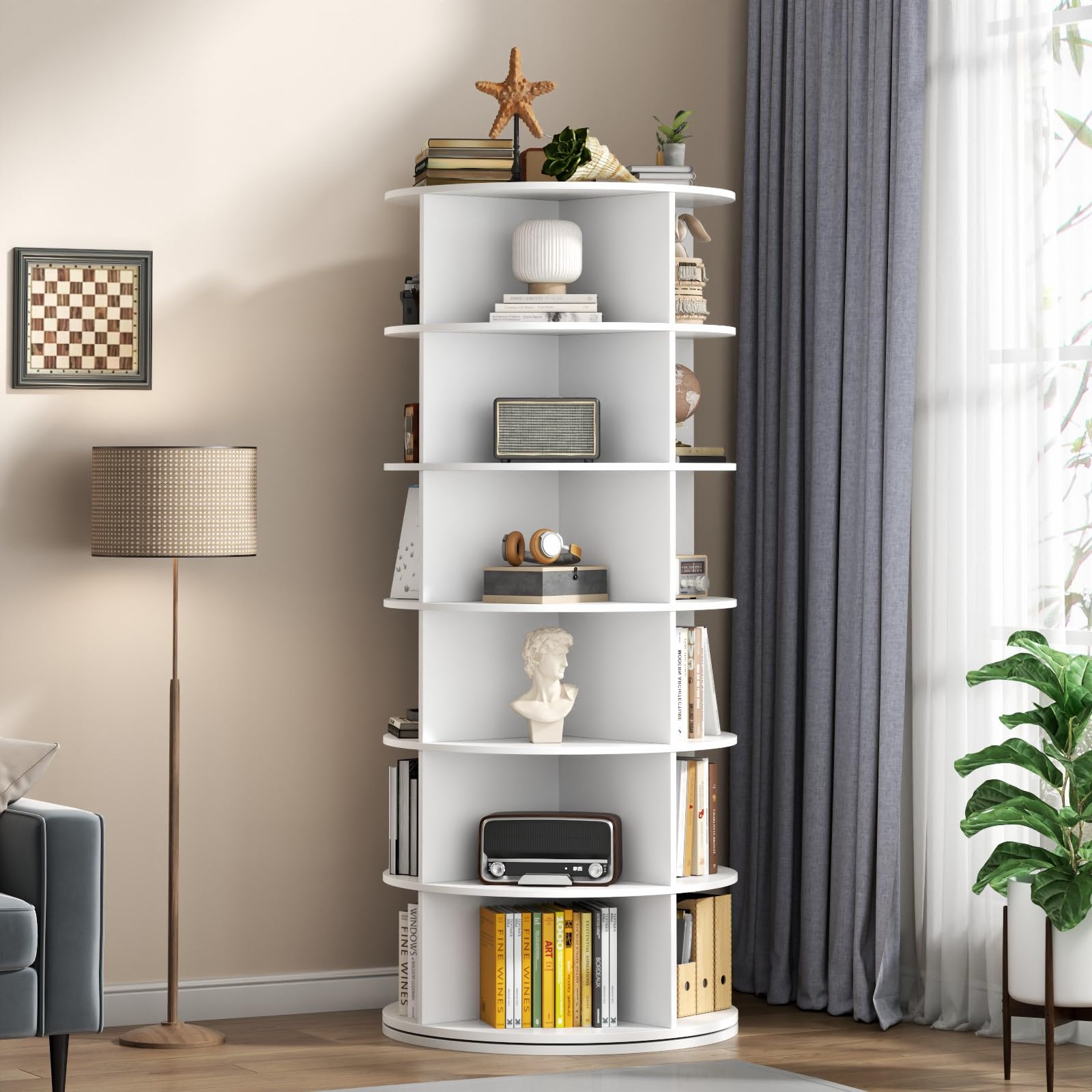 Gyfimoie Rotating Bookshelf Tower, 6-Tier Spining Corner Bookshelf 360°Revoving Bookcase Lazy Susan Storage Organizer for Kids Living Room (Pure White)