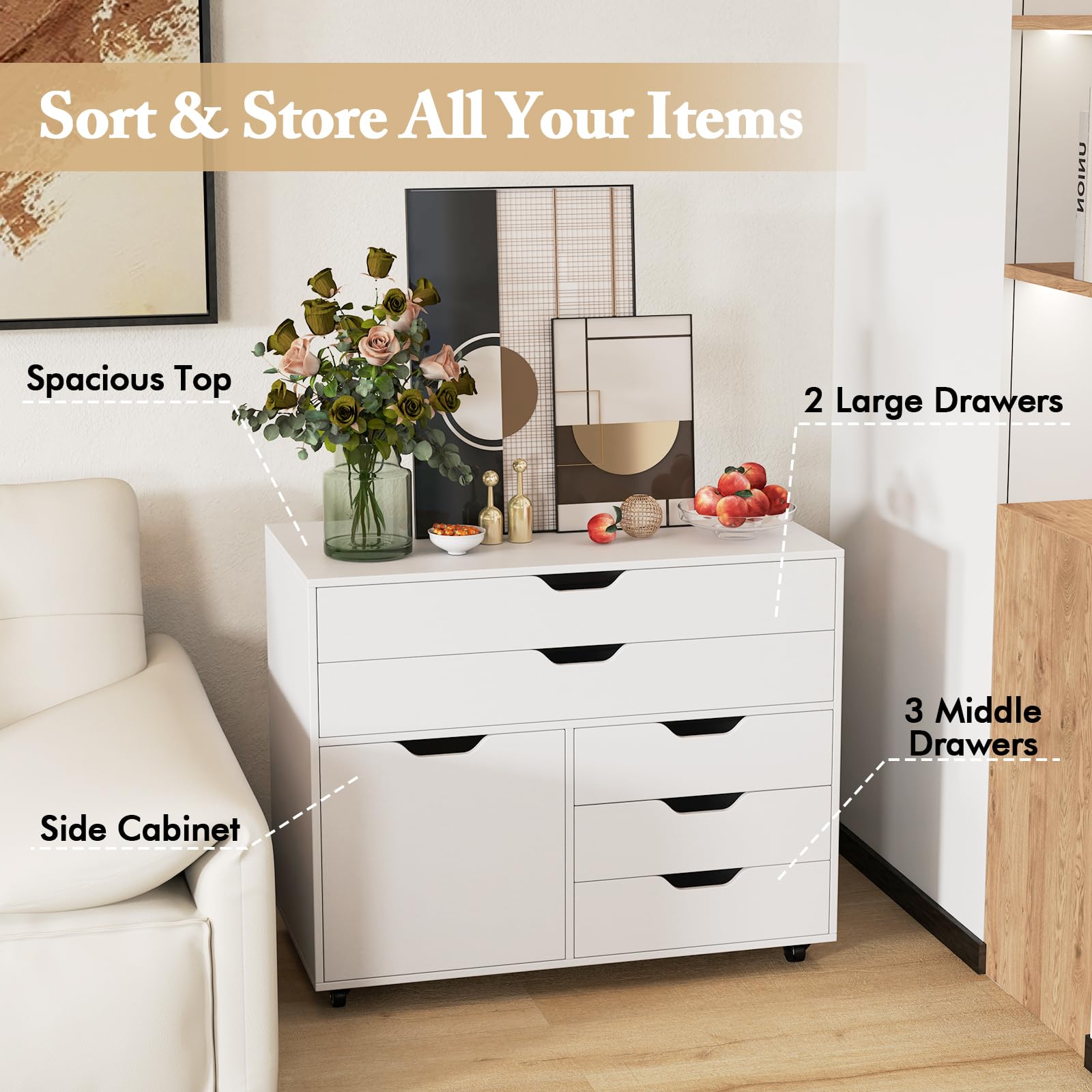 5-Drawer Mobile File Cabinet with Door & Wheels
