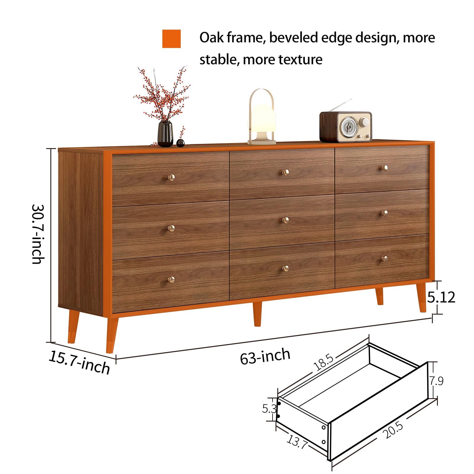 Messenya 9 Drawer Dresser for Bedroom, 63 Inch Walnut Dresser for Closet, Mid Century Wood Chest of Drawers with Natural Texture & Pre-Embedded Slots for TV Stand, Living Room, Hallway, Office