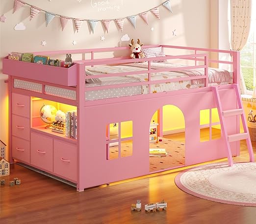 Kids Low Loft Bed with Tent, Storage & LED Lights