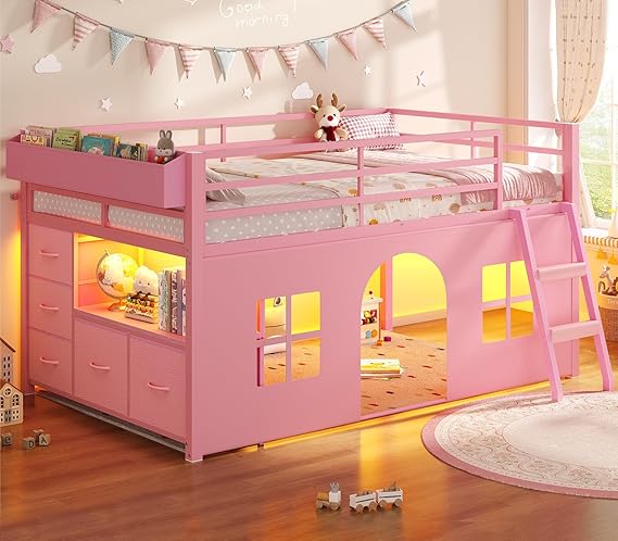 Kids Low Loft Bed Twin with Tent, Storage Drawers & LED Lights