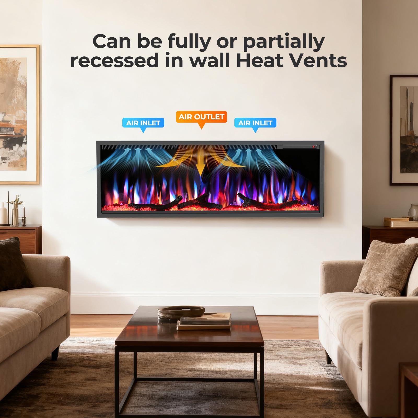 R.W.FLAME 50" Recessed and Wall Mounted Smart Electric Fireplace, Alexa/WiFi Enabled, APP Control with Multiple Sound Modes, Adjustable Flame Colors and Speed, Available with Log & Crystal Options
