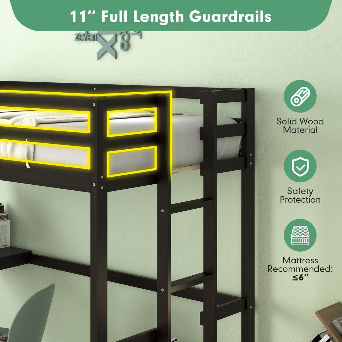 GIANTEX Twin Size Loft Bed with Desk, Solid Wood Loft Bed with 2 Ladders & Full Length Guardrail, Modern Space-Saving Twin Bed Frame for Kids Teens Adults, No Box Spring Needed, Espresso