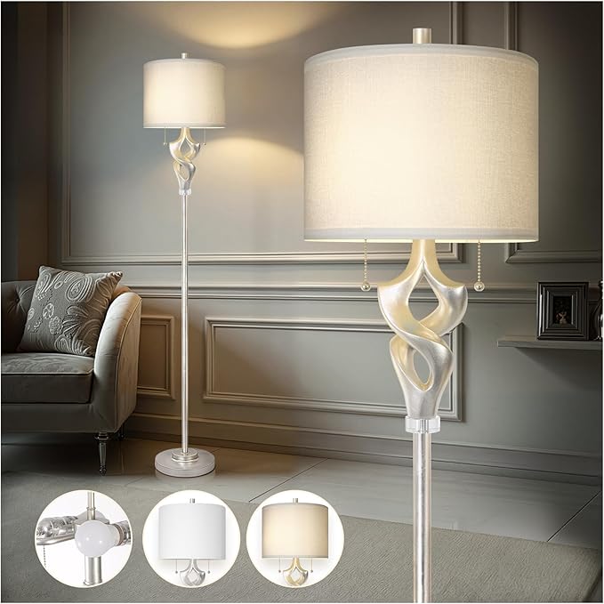 Sculptural Resin Floor Lamp with Linen Shade & Pull Chain Switch