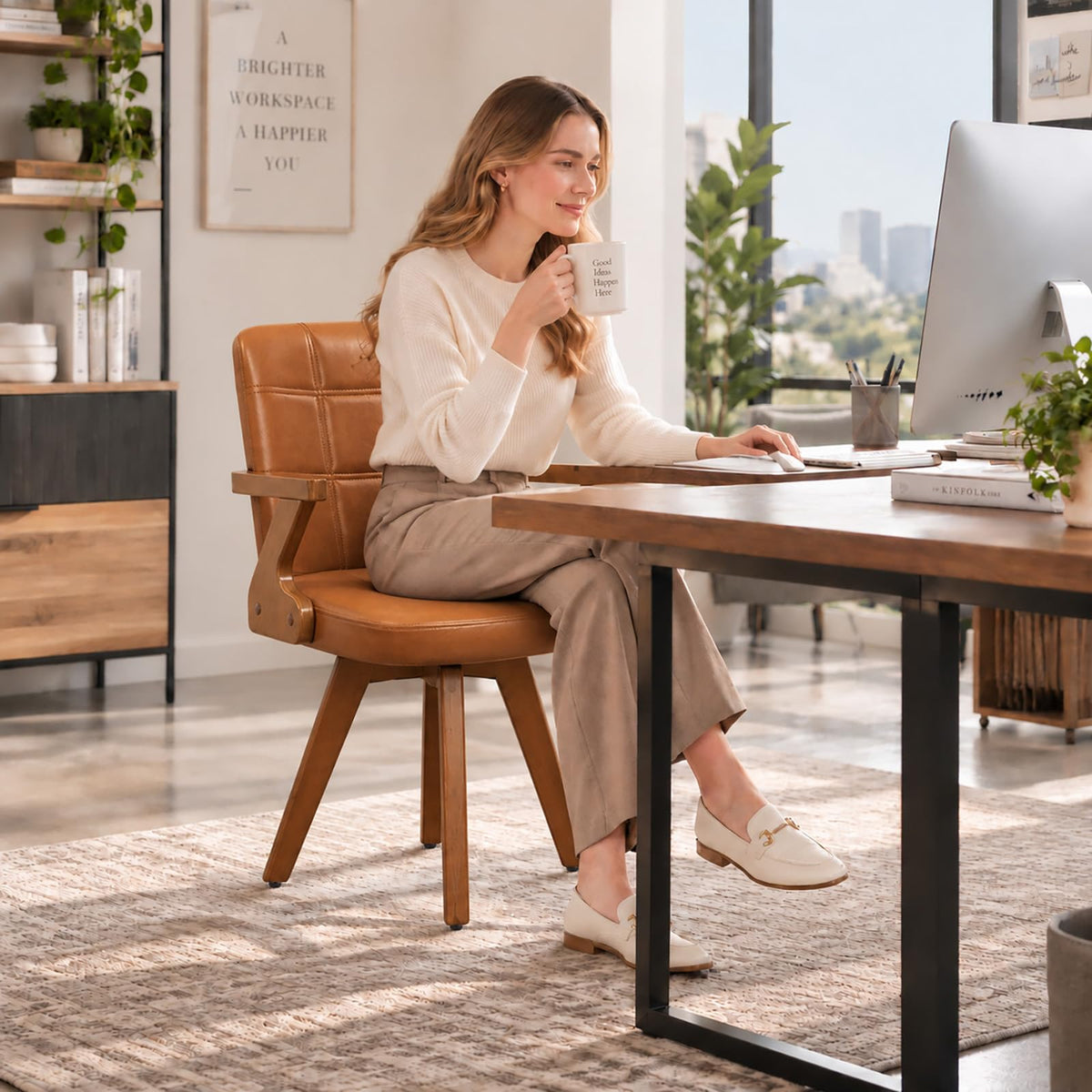 Mid Century Modern Home Office Chair with Walnut Finish, Ergonomic Faux Leather Desk Chair with Silent Rolling Wheels, Curved Back and Arms (Beige - Wooden Legs, Set of 1)